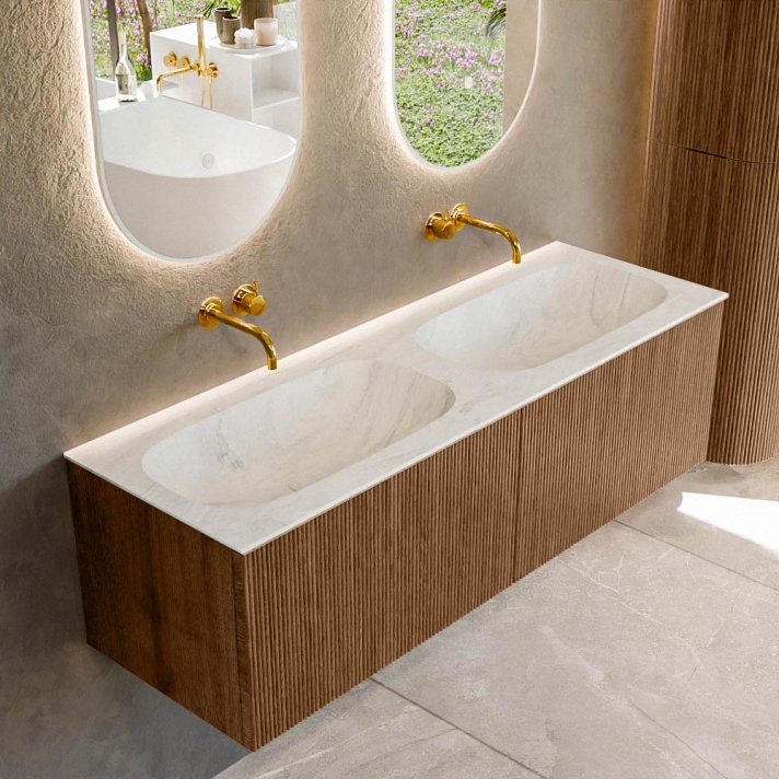 Mondiaz Kurve-Dlux 140cm badmeubel kleur Walnut met 2 lades en 0 deuren. Wastafel Stor small Dubbel zonder kraangat Opalo.
