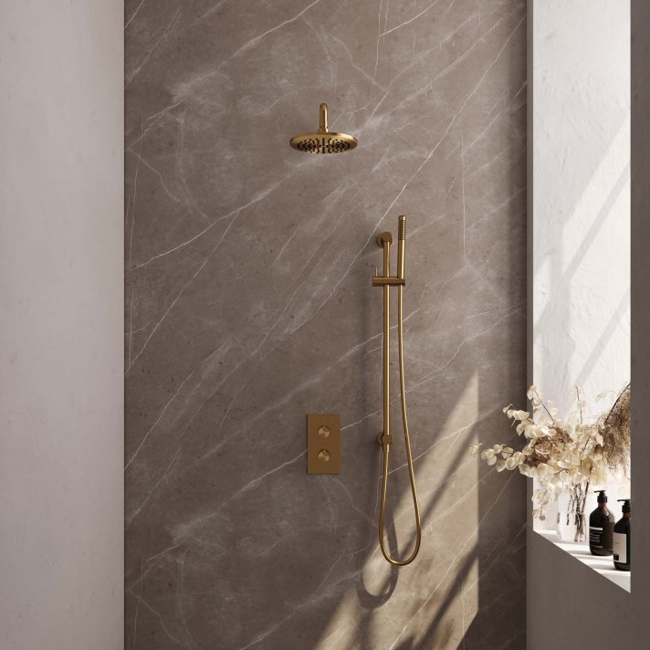 BRAUER Gold Edition thermostatische inbouw regendouche 3-weg omstelling SET 39 met 20 cm douchekop en gebogen muurarm en staaf handdouche en doucheslang en geïntegreerde glijstang goud geborsteld PVD