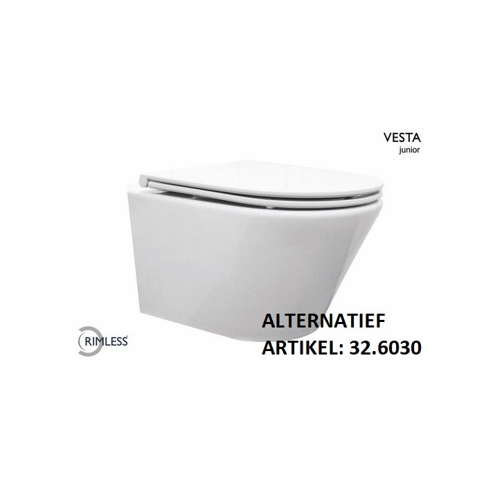 Vesta junior wandcloset rimless verkort met Flatline toiletzitting softclose en quick release glans wit
