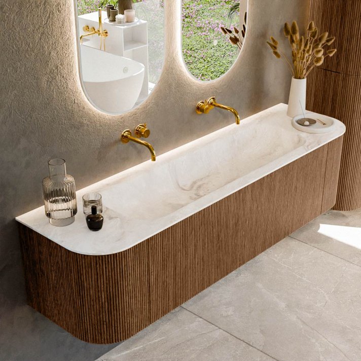 Mondiaz Kurve-Dlux 170cm badmeubel ronding Links + Rechts kleur Walnut met 1 lade en 2 deuren. Wastafel Big large Midden zonder kraangat Frappe.