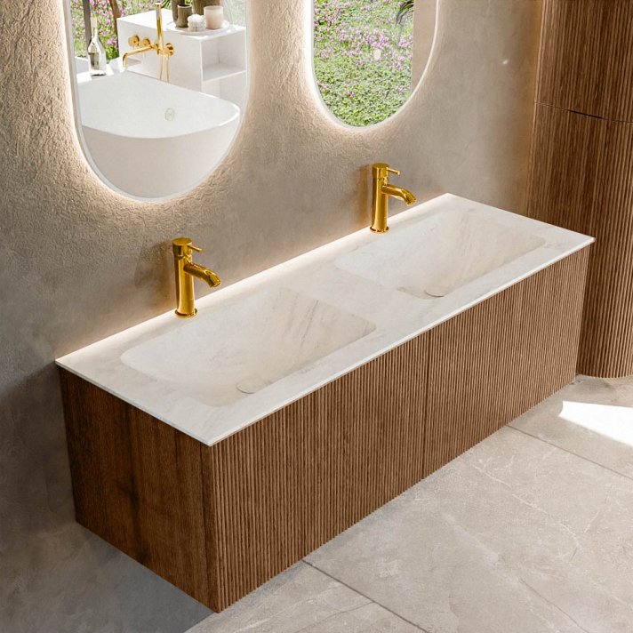 Mondiaz Kurve-Dlux 130cm badmeubel kleur Walnut met 2 lades en 0 deuren. Wastafel Leaf Dubbel 2 kraangaten Opalo.