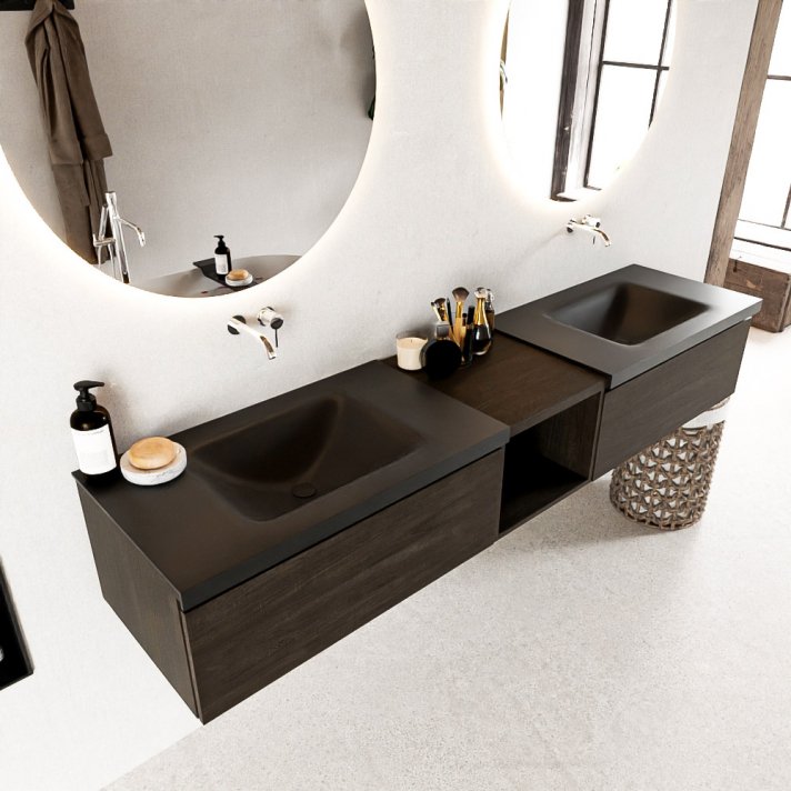 Mondiaz Bukla 200cm badmeubel met open module 40 kleur Dark Brown met 2 lades. Wastafel Cloud dubbel 0 kraangaten kleur Urban.