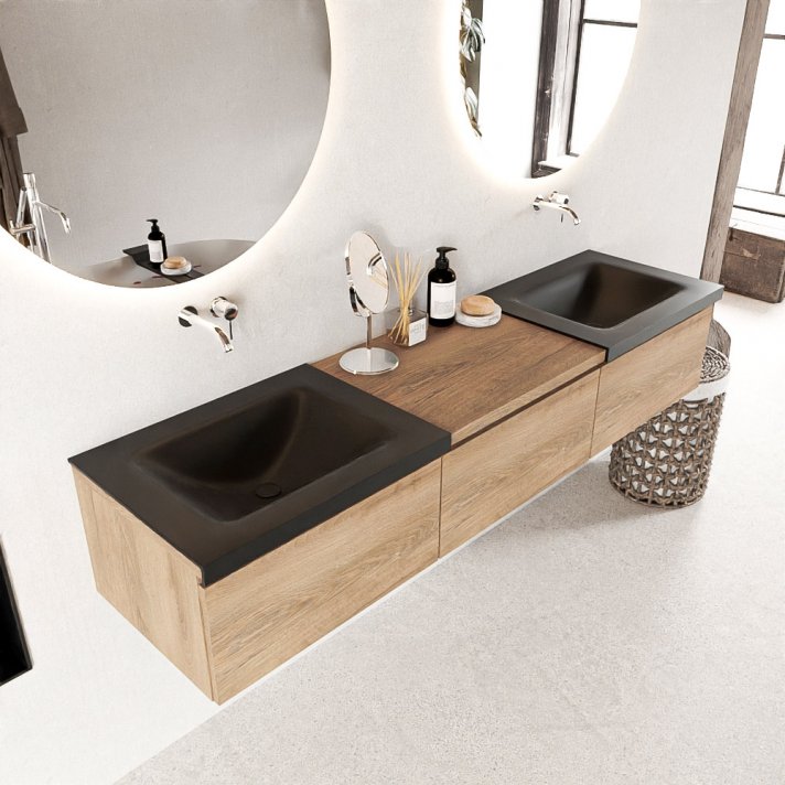 Mondiaz Bukla 180cm badmeubel met module 60 kleur Washed Oak met 3 lades. Wastafel Cloud dubbel 0 kraangaten kleur Urban.