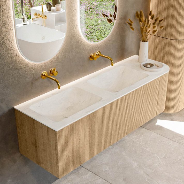 Mondiaz Kurve-Dlux 145cm badmeubel ronding Rechts kleur Oak met 1 lade en 1 deur. Wastafel Leaf Dubbel / Links zonder kraangat Opalo.