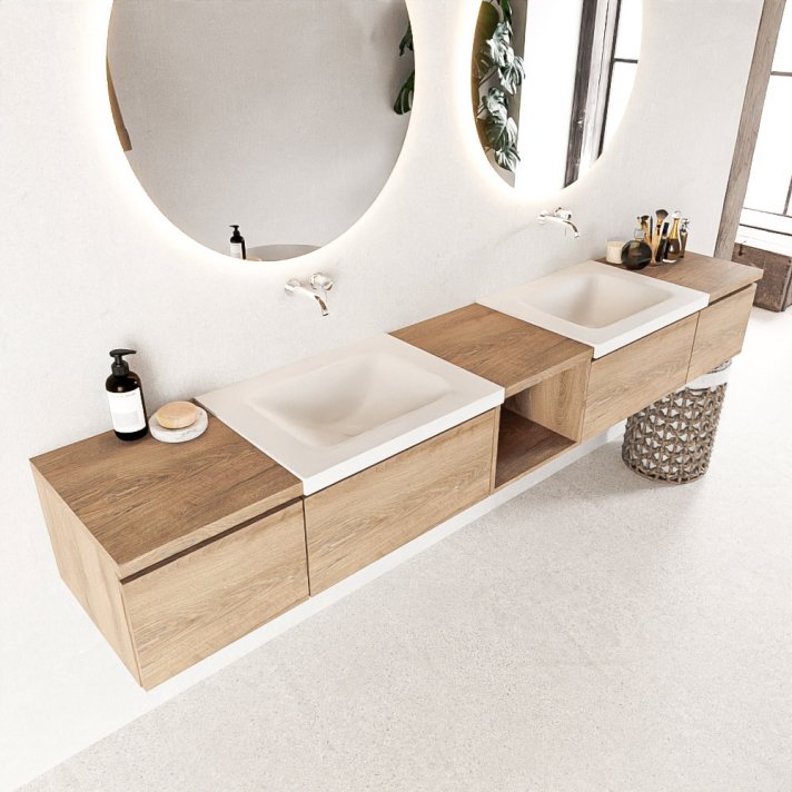 Mondiaz Bukla 240cm badmeubel met open module 40 midden kleur Washed Oak met 4 lades. Wastafel Cloud dubbel 0 kraangaten kleur Talc.