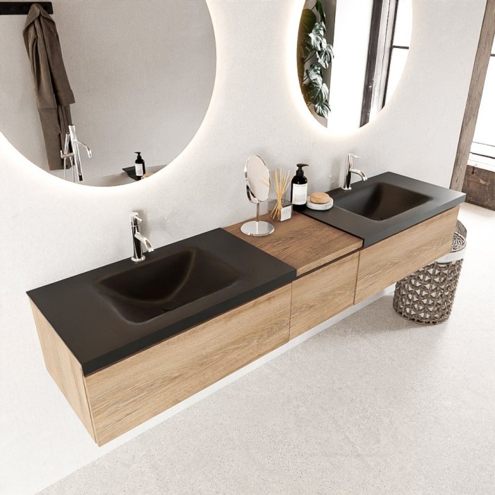 Mondiaz Bukla 200cm badmeubel met module 40 kleur Washed Oak met 3 lades. Wastafel Cloud dubbel 2 kraangaten kleur Urban.