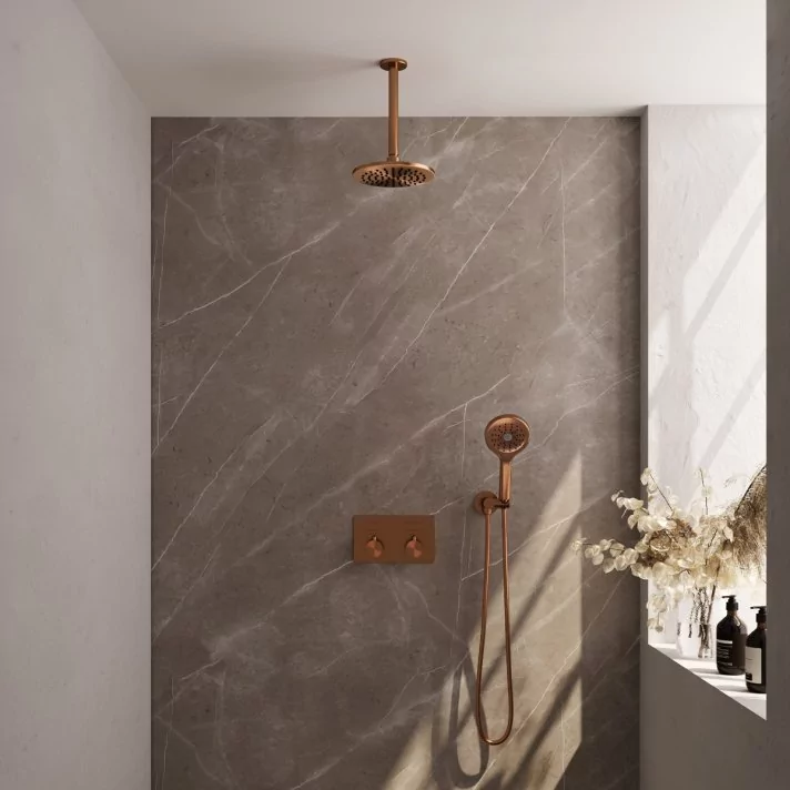 BRAUER Copper Carving thermostatische inbouw regendouche met drukknoppen SET 59 met 20 cm douchekop en plafondarm en 3-standen handdouche en doucheslang en wandaansluitbocht koper geborsteld PVD