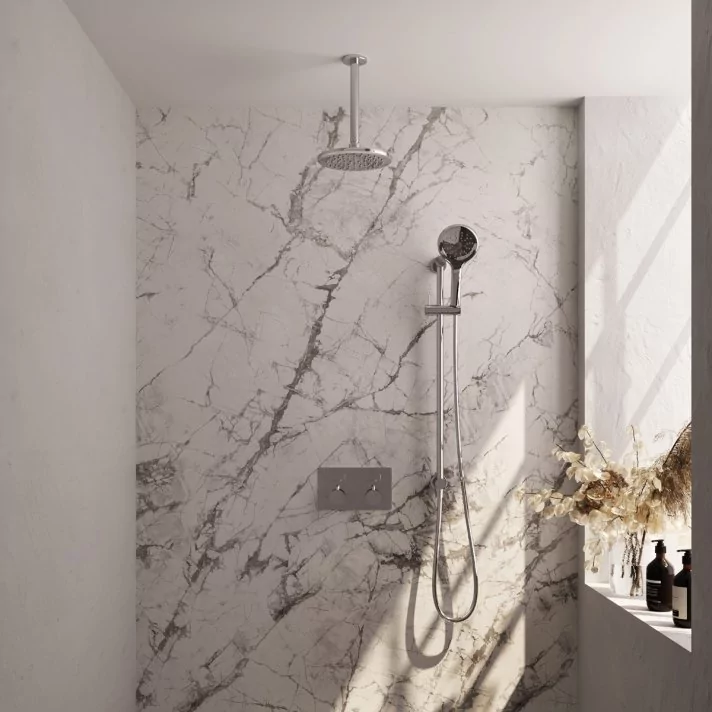 BRAUER Chrome Carving thermostatische inbouw regendouche met drukknoppen SET 71 met 20 cm douchekop en plafondarm en 3-standen handdouche en doucheslang en geïntegreerde glijstang chroom