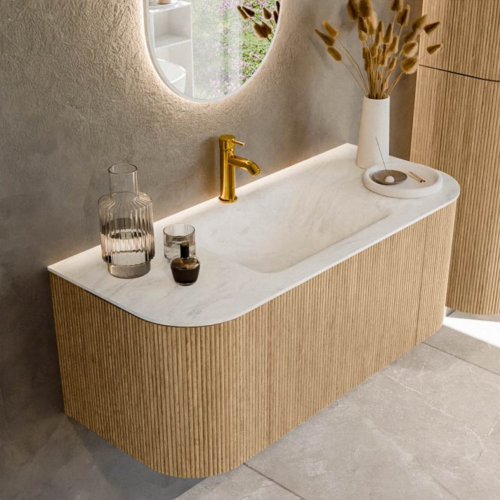 Mondiaz Kurve-Dlux 110cm badmeubel ronding Links + Rechts kleur Oak met 1 lade en 2 deuren. Wastafel Cloud Midden 1 kraangat Opalo.