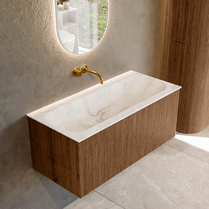 Mondiaz Kurve-Dlux 100cm badmeubel kleur Walnut met 1 lade en 0 deuren. Wastafel Big medium Midden zonder kraangat Frappe.