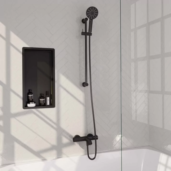 BRAUER Black Edition opbouw baddouche thermostaatkraan SET 02 met glijstang en 3-standen handdouche en doucheslang mat zwart