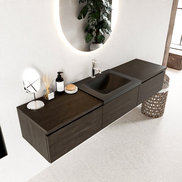 Mondiaz Bukla 180cm badmeubel met module 60 kleur Dark Brown met 3 lades. Wastafel Cloud midden 1 kraangat kleur Urban.