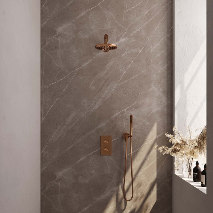 BRAUER Copper Edition thermostatische inbouw regendouche 3-weg omstelling SET 25 met 20 cm douchekop en rechte muurarm en staaf handdouche en doucheslang en wandaansluitbocht koper geborsteld PVD
