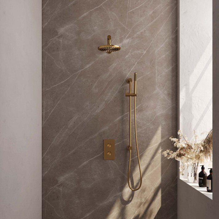 BRAUER Gold Carving thermostatische inbouw regendouche 3-weg omstelling SET 37 met 20 cm douchekop en rechte muurarm en staaf handdouche en doucheslang en geïntegreerde glijstang goud geborsteld PVD