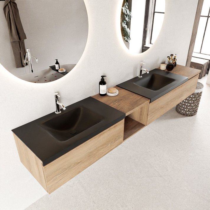 Mondiaz Bukla 240cm badmeubel met open module 40 links kleur Washed Oak met 3 lades. Wastafel Cloud dubbel 2 kraangaten kleur Urban.