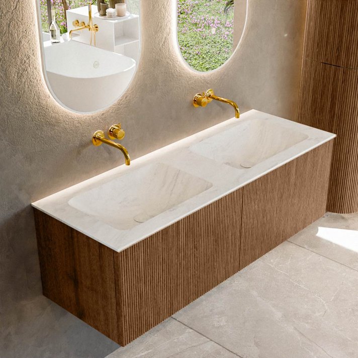 Mondiaz Kurve-Dlux 130cm badmeubel kleur Walnut met 2 lades en 0 deuren. Wastafel Leaf Dubbel zonder kraangat Opalo.