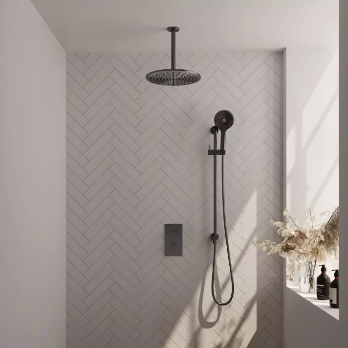 BRAUER Gunmetal Carving thermostatische inbouw regendouche 3-weg omstelling SET 48 met 30 cm douchekop en plafondarm en 3-standen handdouche en doucheslang en geïntegreerde glijstang gunmetal geborsteld PVD