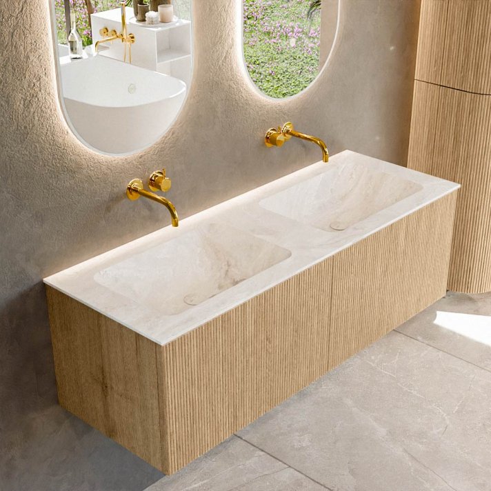 Mondiaz Kurve-Dlux 130cm badmeubel kleur Oak met 2 lades en 0 deuren. Wastafel Leaf Dubbel zonder kraangat Frappe.