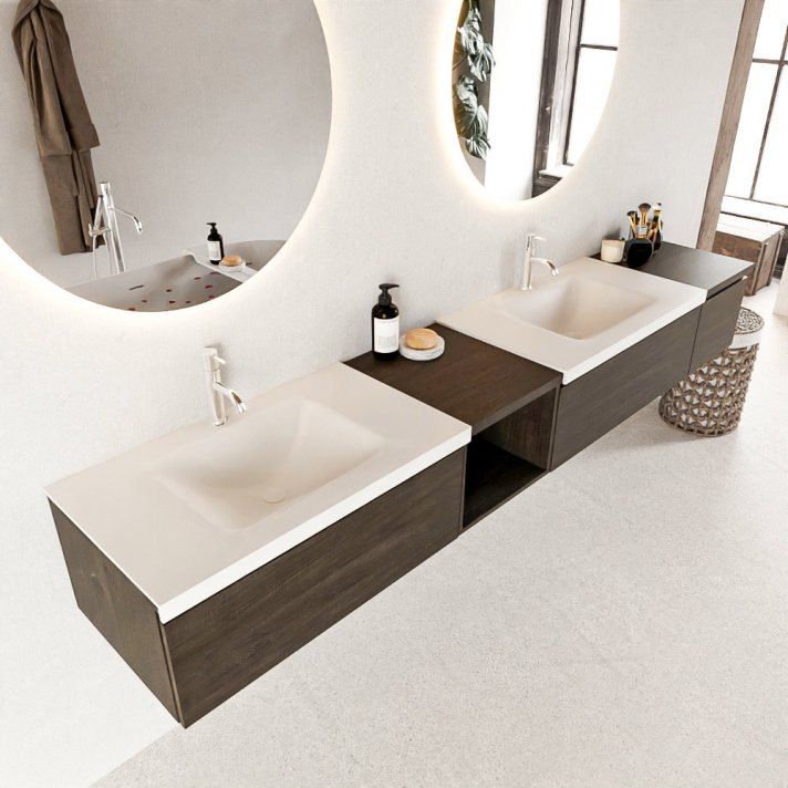 Mondiaz Bukla 240cm badmeubel met open module 40 links kleur Dark Brown met 3 lades. Wastafel Cloud dubbel 2 kraangaten kleur Talc.