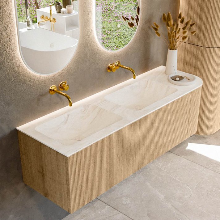 Mondiaz Kurve-Dlux 145cm badmeubel ronding Rechts kleur Oak met 1 lade en 1 deur. Wastafel Leaf Dubbel / Links zonder kraangat Ostra.