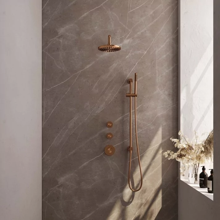 BRAUER Copper Edition thermostatische inbouw regendouche SET 15 met 20 cm douchekop en gebogen muurarm en staaf handdouche en doucheslang en geïntegreerde glijstang koper geborsteld PVD