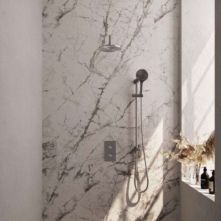 BRAUER Brushed Edition thermostatische inbouw regendouche 3-weg omstelling SET 45 met 20 cm douchekop en gebogen muurarm en 3-standen handdouche en doucheslang en geïntegreerde glijstang RVS geborsteld PVD