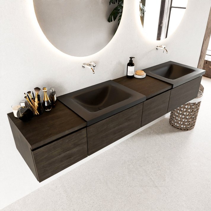 Mondiaz Bukla 200cm badmeubel met module 40 rechts kleur Dark Brown met 4 lades. Wastafel Cloud dubbel 0 kraangaten kleur Urban.