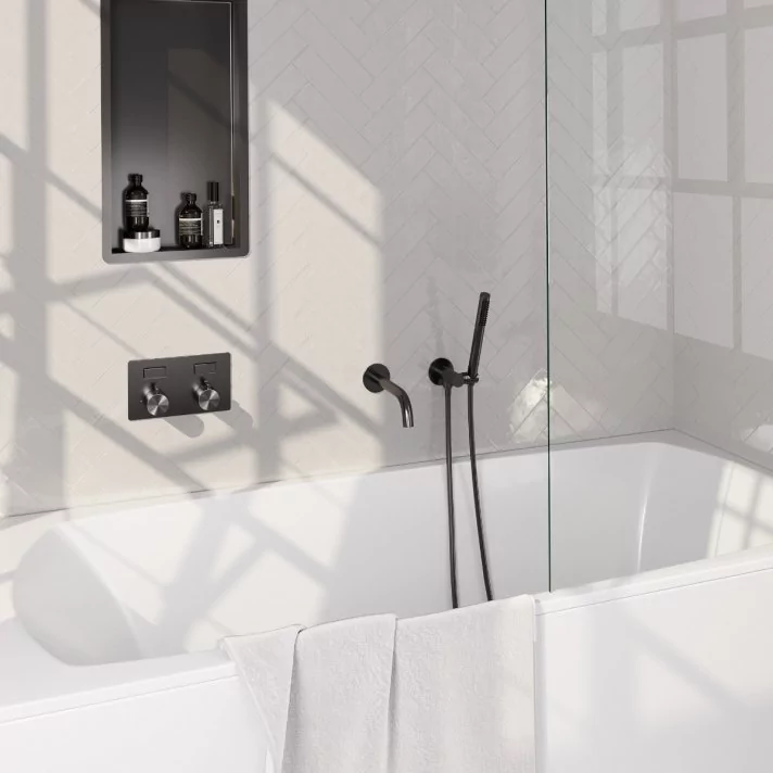 BRAUER Gunmetal Edition thermostatische inbouw badkraan met drukknoppen SET 03 met uitloop en staaf handdouche en doucheslang en wandaansluitbocht gunmetal geborsteld PVD