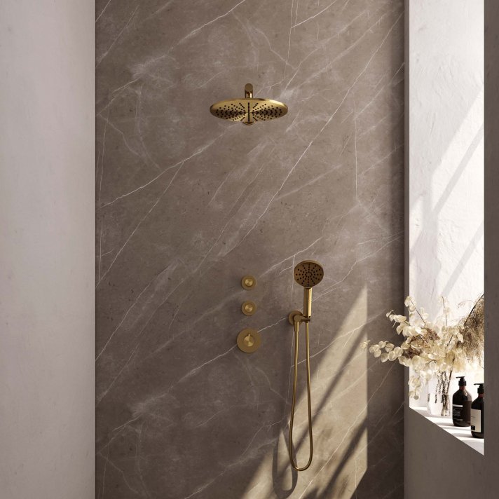 BRAUER Gold Carving thermostatische inbouw regendouche SET 08 met 30 cm douchekop en rechte muurarm en 3-standen handdouche en doucheslang en wandaansluitbocht goud geborsteld PVD