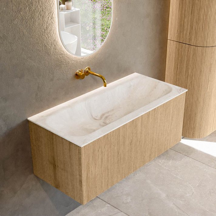 Mondiaz Kurve-Dlux 100cm badmeubel kleur Oak met 1 lade en 0 deuren. Wastafel Big medium Midden zonder kraangat Frappe.