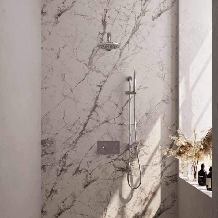 BRAUER Chrome Edition thermostatische inbouw regendouche met drukknoppen SET 61 met 20 cm douchekop en rechte muurarm en staaf handdouche en doucheslang en geïntegreerde glijstang chroom