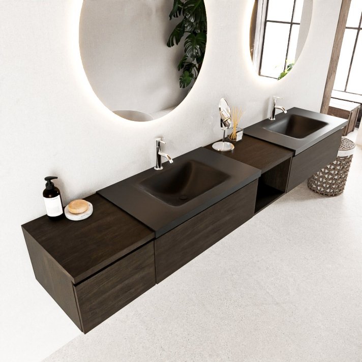 Mondiaz Bukla 240cm badmeubel met open module 40 rechts kleur Dark Brown met 3 lades. Wastafel Cloud dubbel 2 kraangaten kleur Urban.