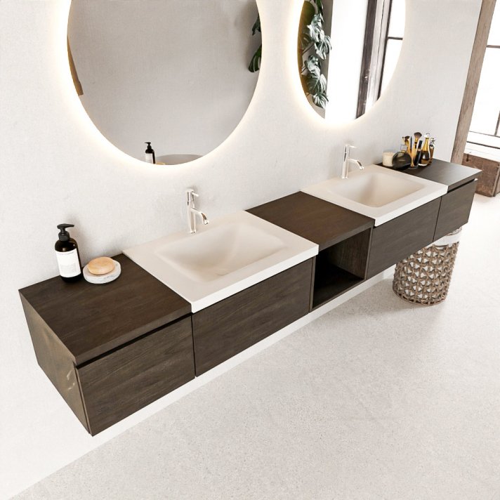 Mondiaz Bukla 240cm badmeubel met open module 40 midden kleur Dark Brown met 4 lades. Wastafel Cloud dubbel 2 kraangaten kleur Talc.