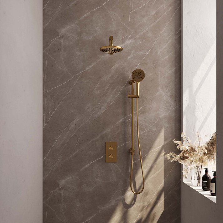 BRAUER Gold Carving thermostatische inbouw regendouche 3-weg omstelling SET 43 met 20 cm douchekop en rechte muurarm en 3-standen handdouche en doucheslang en geïntegreerde glijstang goud geborsteld PVD