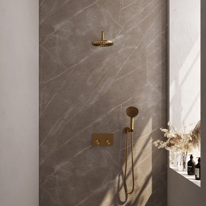 BRAUER Gold Edition thermostatische inbouw regendouche met drukknoppen SET 57 met 20 cm douchekop en gebogen muurarm en 3-standen handdouche en doucheslang en wandaansluitbocht goud geborsteld PVD