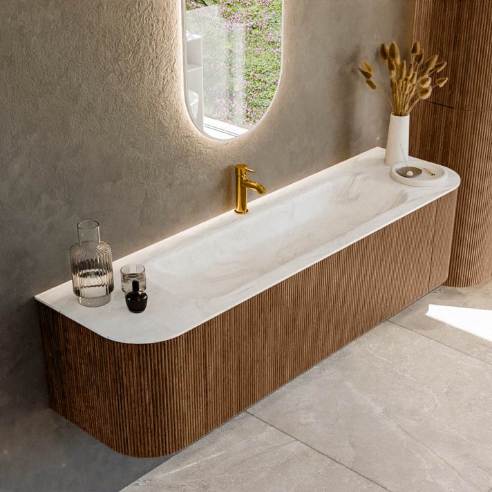 Mondiaz Kurve-Dlux 170cm badmeubel ronding Links + Rechts kleur Walnut met 1 lade en 2 deuren. Wastafel Big large Midden 1 kraangat Ostra.