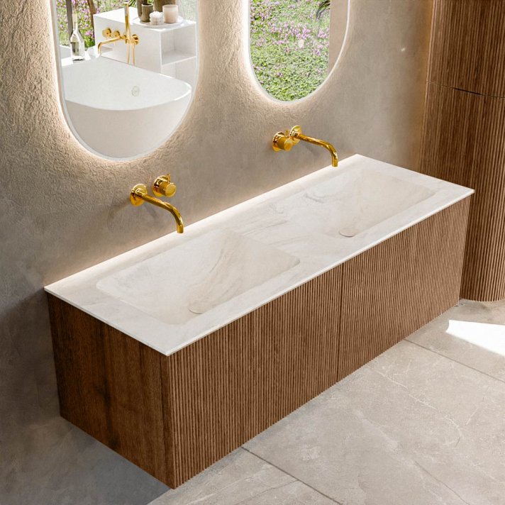 Mondiaz Kurve-Dlux 130cm badmeubel kleur Walnut met 2 lades en 0 deuren. Wastafel Leaf Dubbel zonder kraangat Ostra.