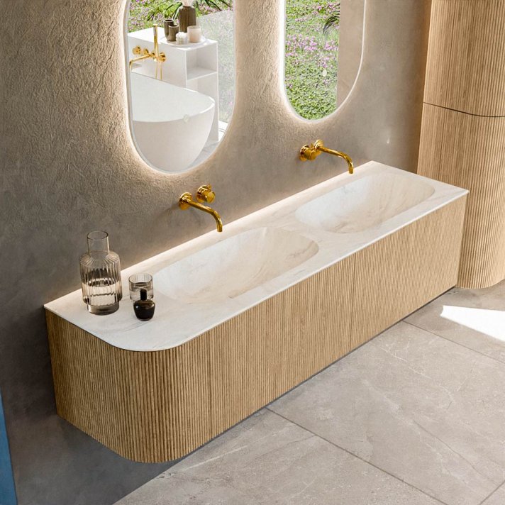 Mondiaz Kurve-Dlux 165cm badmeubel ronding Links kleur Oak met 2 lades en 1 deur. Wastafel Stor small Dubbel / Rechts zonder kraangat Ostra.