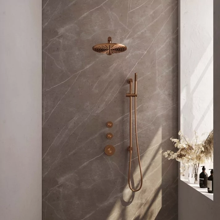 BRAUER Copper Carving thermostatische inbouw regendouche SET 14 met 30 cm douchekop en rechte muurarm en staaf handdouche en doucheslang en geïntegreerde glijstang koper geborsteld PVD