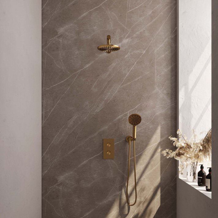 BRAUER Gold Carving thermostatische inbouw regendouche 3-weg omstelling SET 31 met 20 cm douchekop en rechte muurarm en 3-standen handdouche en doucheslang en wandaansluitbocht goud geborsteld PVD