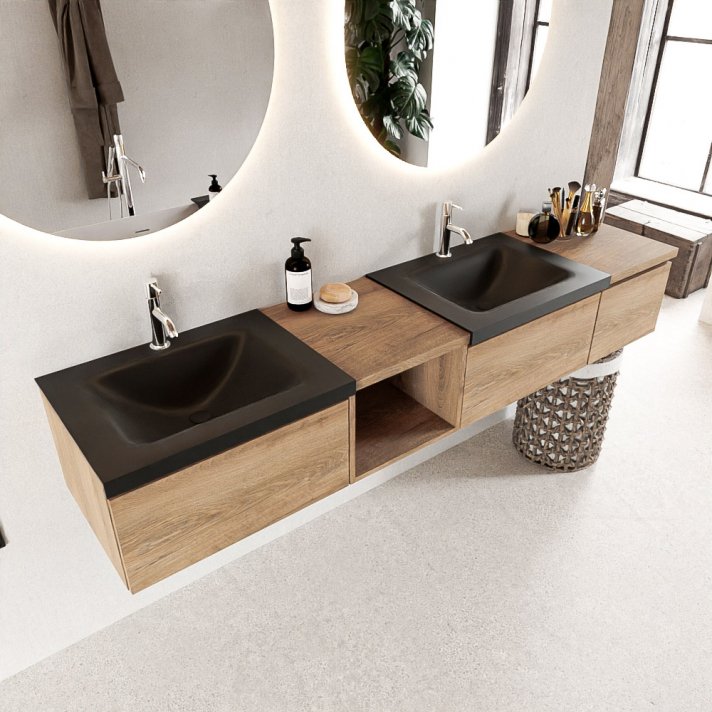 Mondiaz Bukla 200cm badmeubel met open module 40 links kleur Washed Oak met 3 lades. Wastafel Cloud dubbel 2 kraangaten kleur Urban.