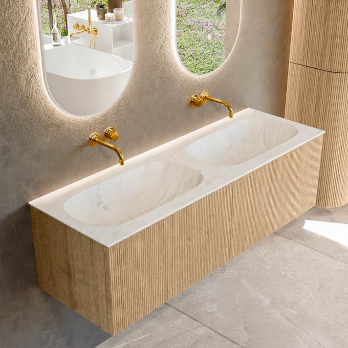 Mondiaz Kurve-Dlux 140cm badmeubel kleur Oak met 2 lades en 0 deuren. Wastafel Stor small Dubbel zonder kraangat Opalo.