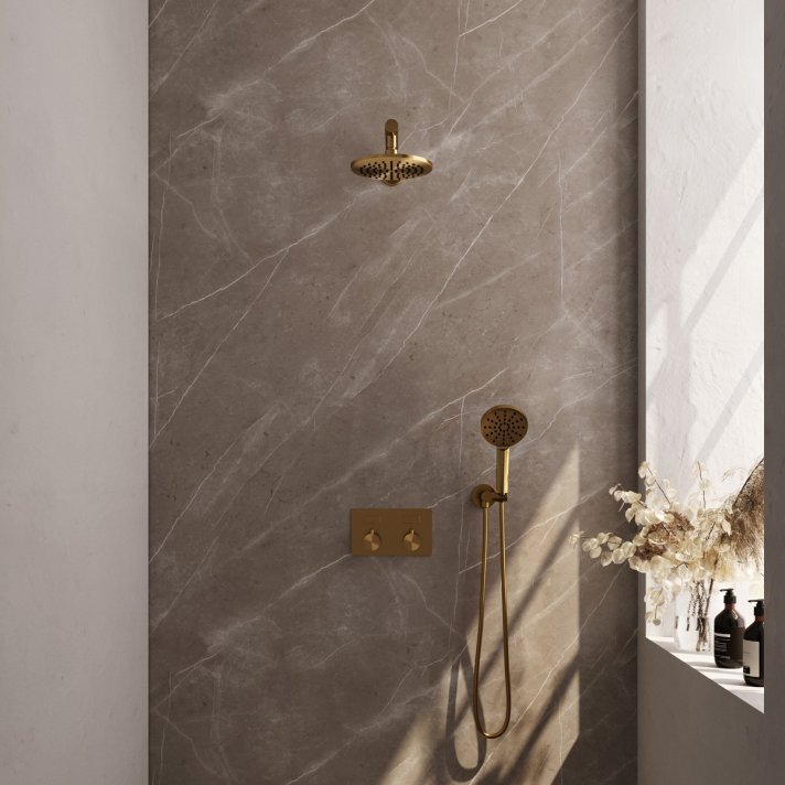 BRAUER Gold Carving thermostatische inbouw regendouche met drukknoppen SET 55 met 20 cm douchekop en rechte muurarm en 3-standen handdouche en doucheslang en wandaansluitbocht goud geborsteld PVD