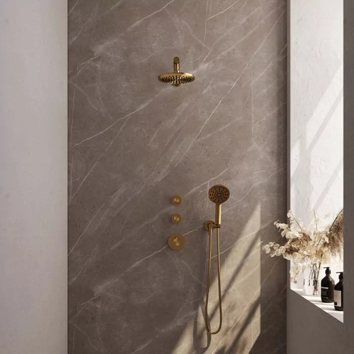 BRAUER Gold Carving thermostatische inbouw regendouche SET 07 met 20 cm douchekop en rechte muurarm en 3-standen handdouche en doucheslang en wandaansluitbocht goud geborsteld PVD