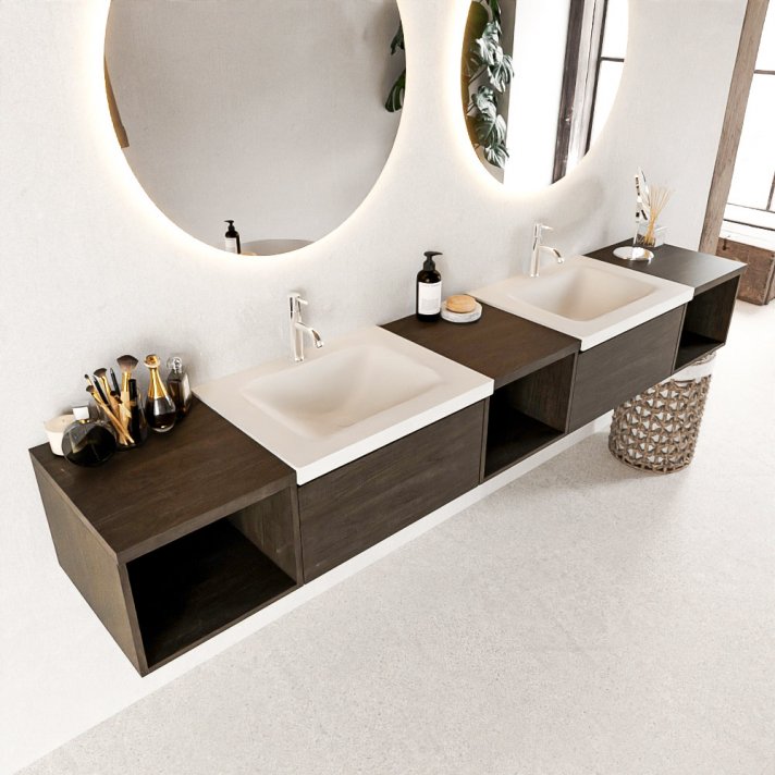 Mondiaz Bukla 240cm badmeubel met open module 40 L+M+R kleur Dark Brown met 2 lades. Wastafel Cloud dubbel 2 kraangaten kleur Talc.