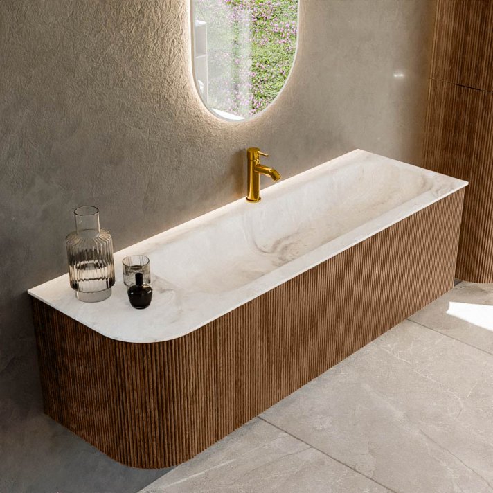 Mondiaz Kurve-Dlux 145cm badmeubel ronding Links kleur Walnut met 1 lade en 1 deur. Wastafel Big large Rechts 1 kraangat Frappe.