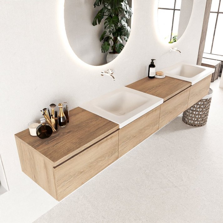 Mondiaz Bukla 240cm badmeubel met module 60 links kleur Washed Oak met 4 lades. Wastafel Cloud dubbel 0 kraangaten kleur Talc.
