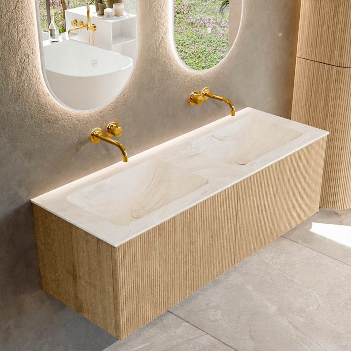 Mondiaz Kurve-Dlux 130cm badmeubel kleur Oak met 2 lades en 0 deuren. Wastafel Leaf Dubbel zonder kraangat Ostra.