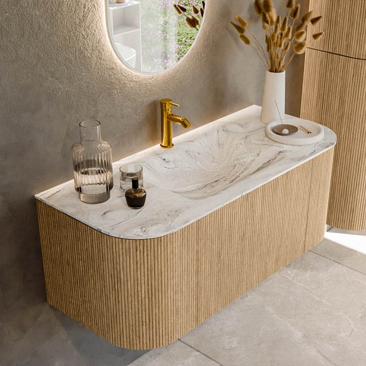 Mondiaz Kurve-Dlux 110cm badmeubel ronding Links + Rechts kleur Oak met 1 lade en 2 deuren. Wastafel Cloud Midden 1 kraangat Glace.