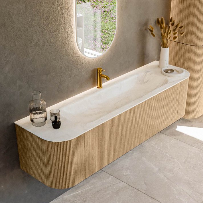 Mondiaz Kurve-Dlux 170cm badmeubel ronding Links + Rechts kleur Oak met 1 lade en 2 deuren. Wastafel Big large Midden 1 kraangat Ostra.